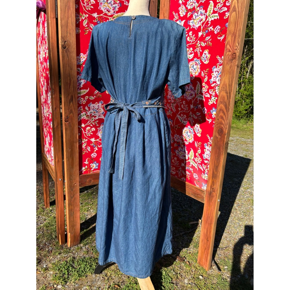 VTG 90's 100% Cotton Soft Denim Embroidered Western Prairie Maxi Dress Size L - Picture 16 of 16